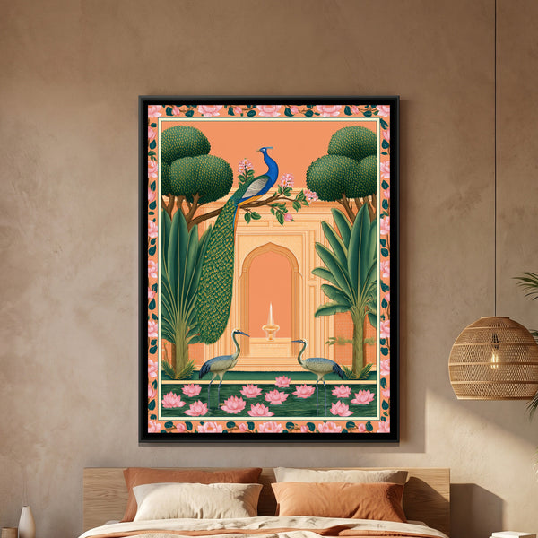 Pichwai Peacock Garden — framed canvas art hung on a wall