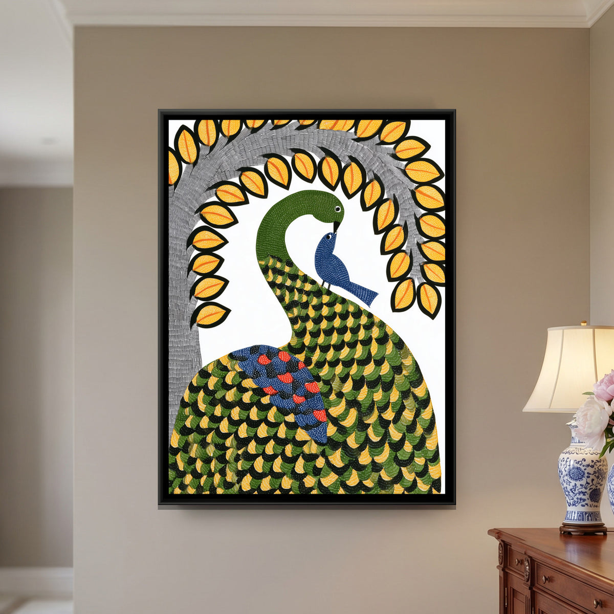 Gond Birds — framed canvas art hung on a wall