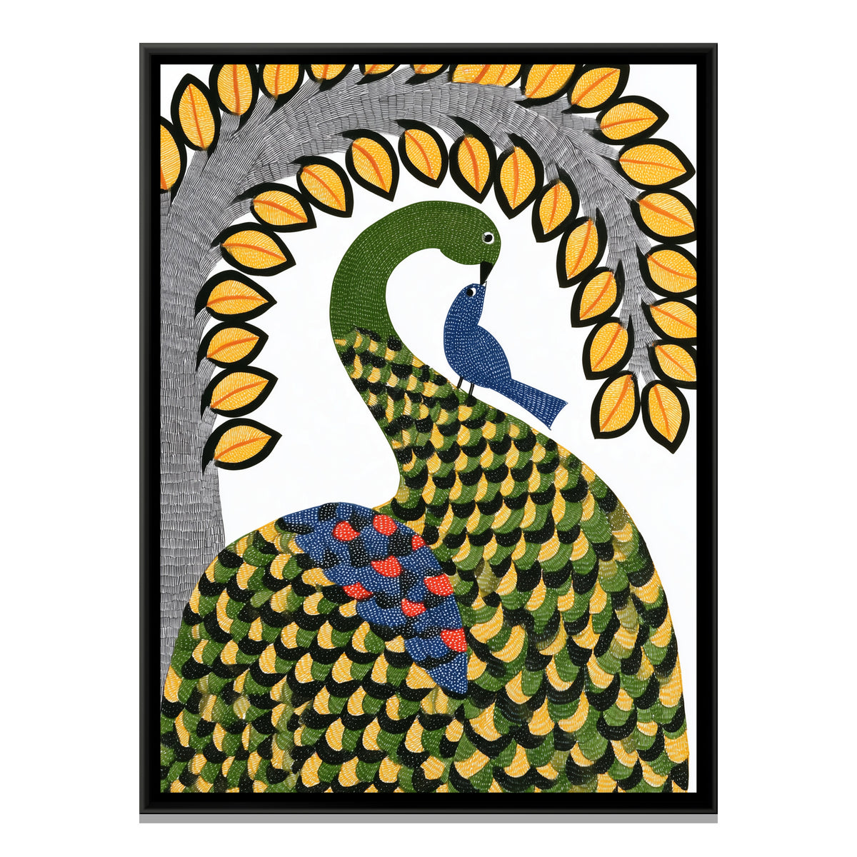 Gond Birds — framed canvas print, front view