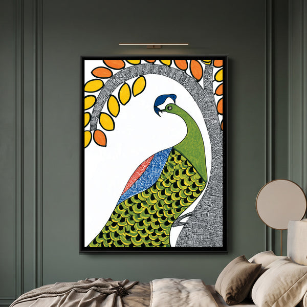 Gond Birds — framed canvas art hung on a wall