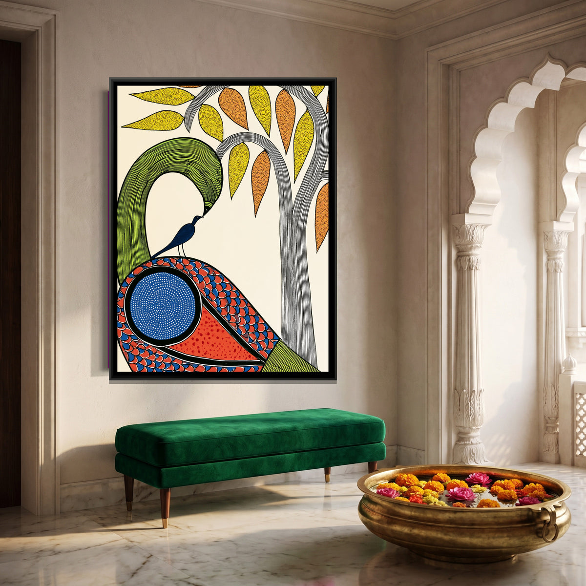Gond Peacock — canvas art shown in a styled room