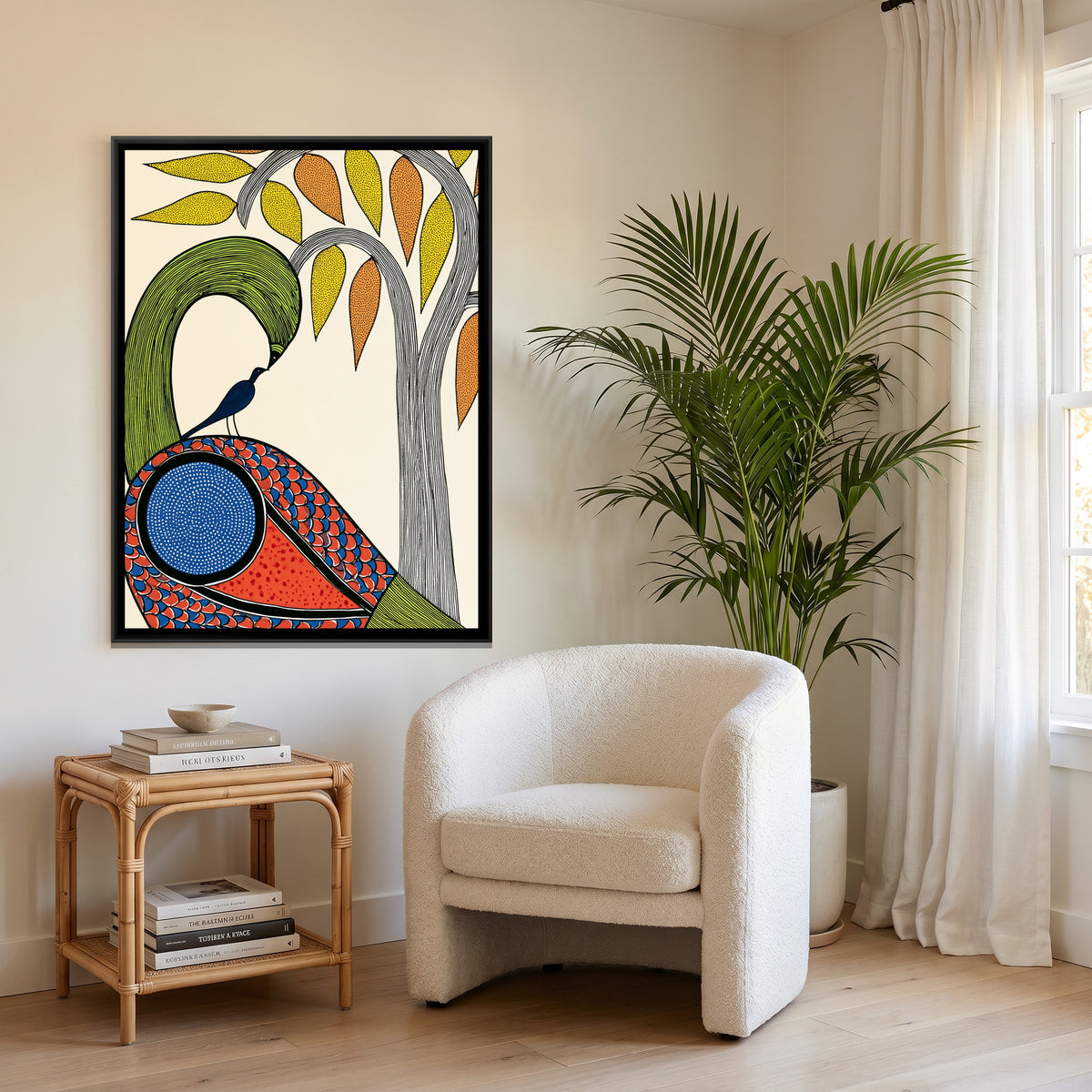 Gond Peacock — canvas art shown in a second room setting