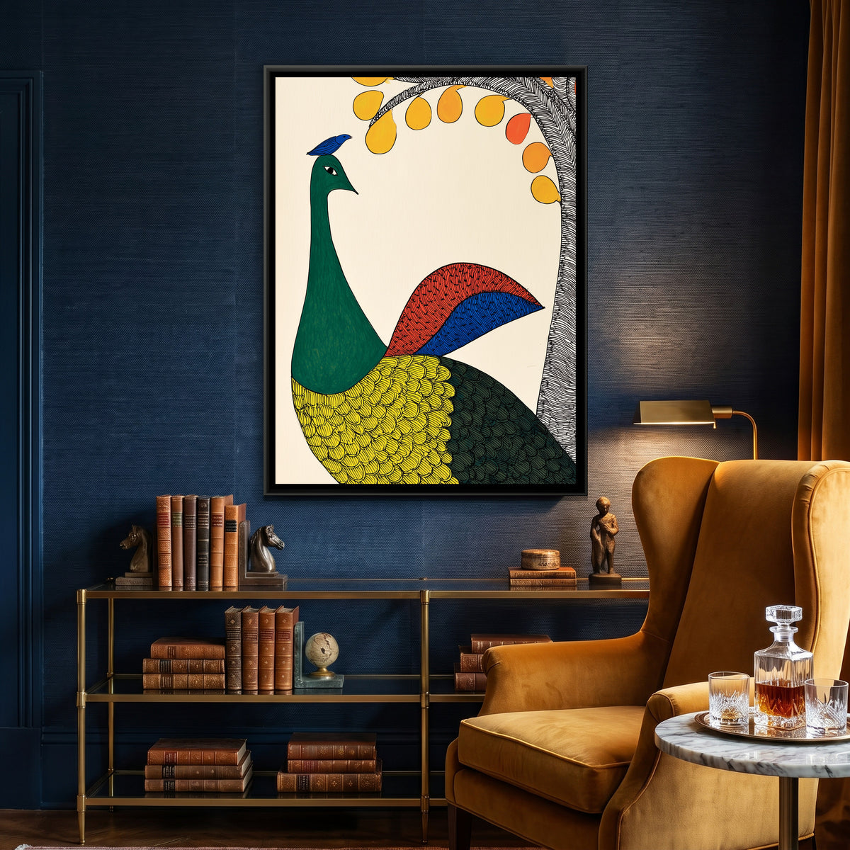 Gond Peacock — canvas art shown in a second room setting