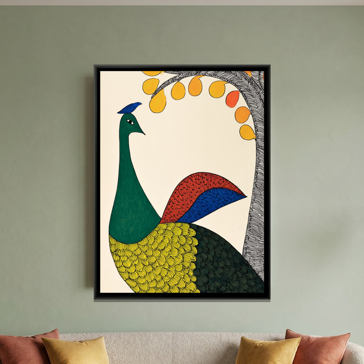 Gond Peacock — framed canvas art hung on a wall