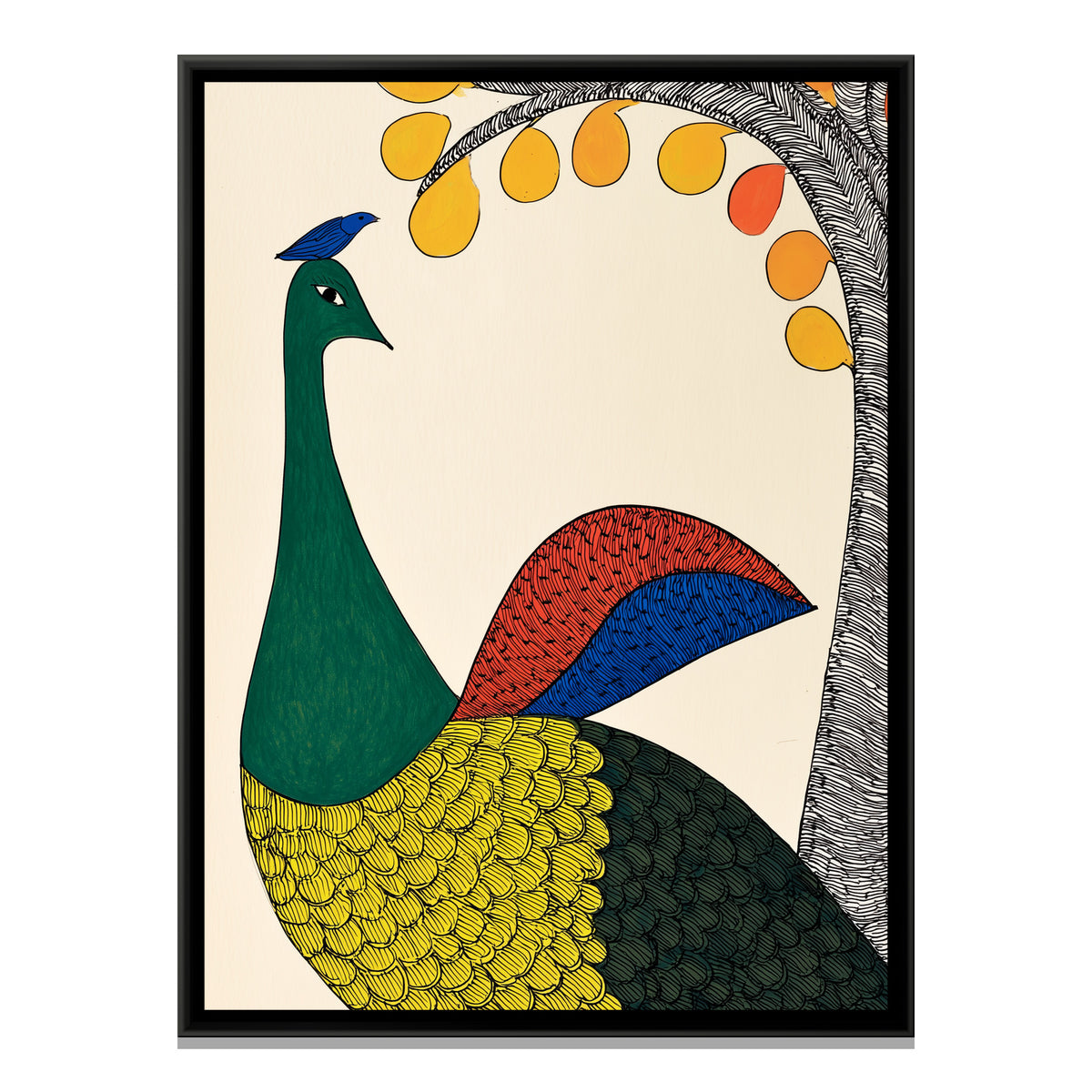 Gond Peacock — framed canvas print, front view
