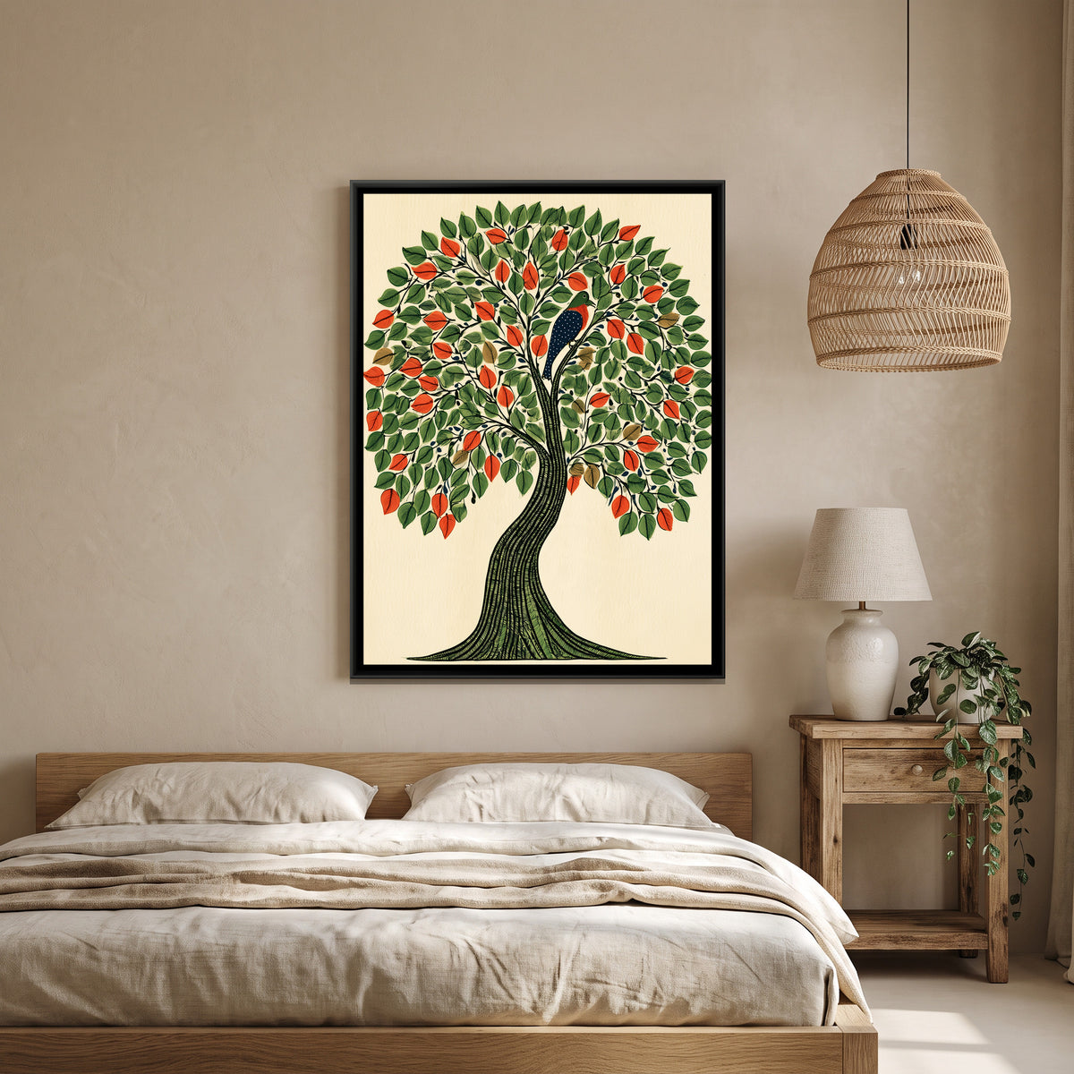 Gond Tree — canvas art shown in a styled room