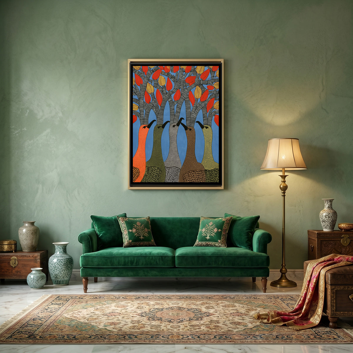 Gond Tree Birds — canvas art shown in a styled room