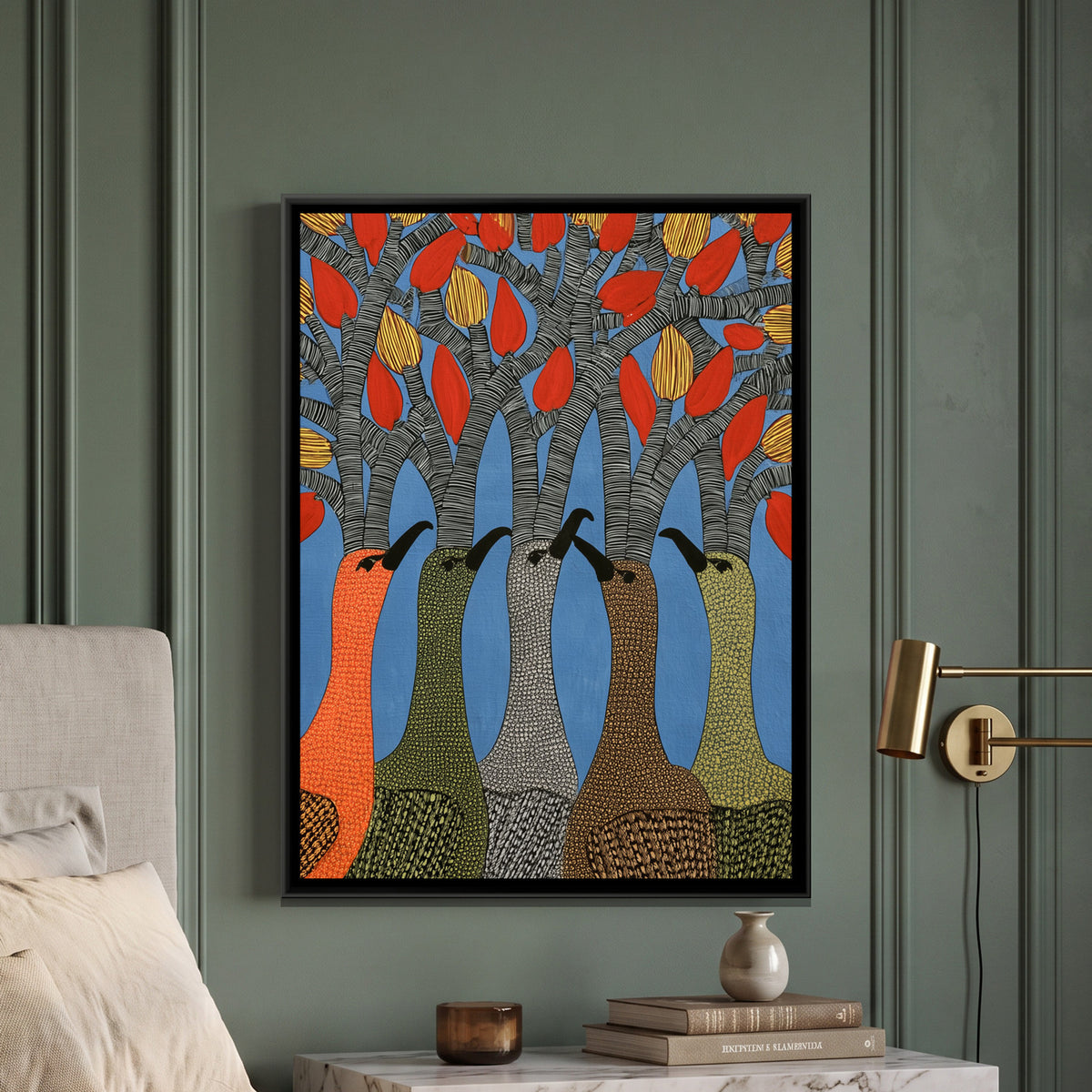 Gond Tree Birds — framed canvas art hung on a wall