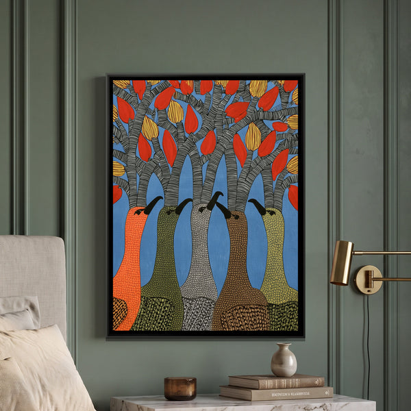 Gond Tree Birds — framed canvas art hung on a wall
