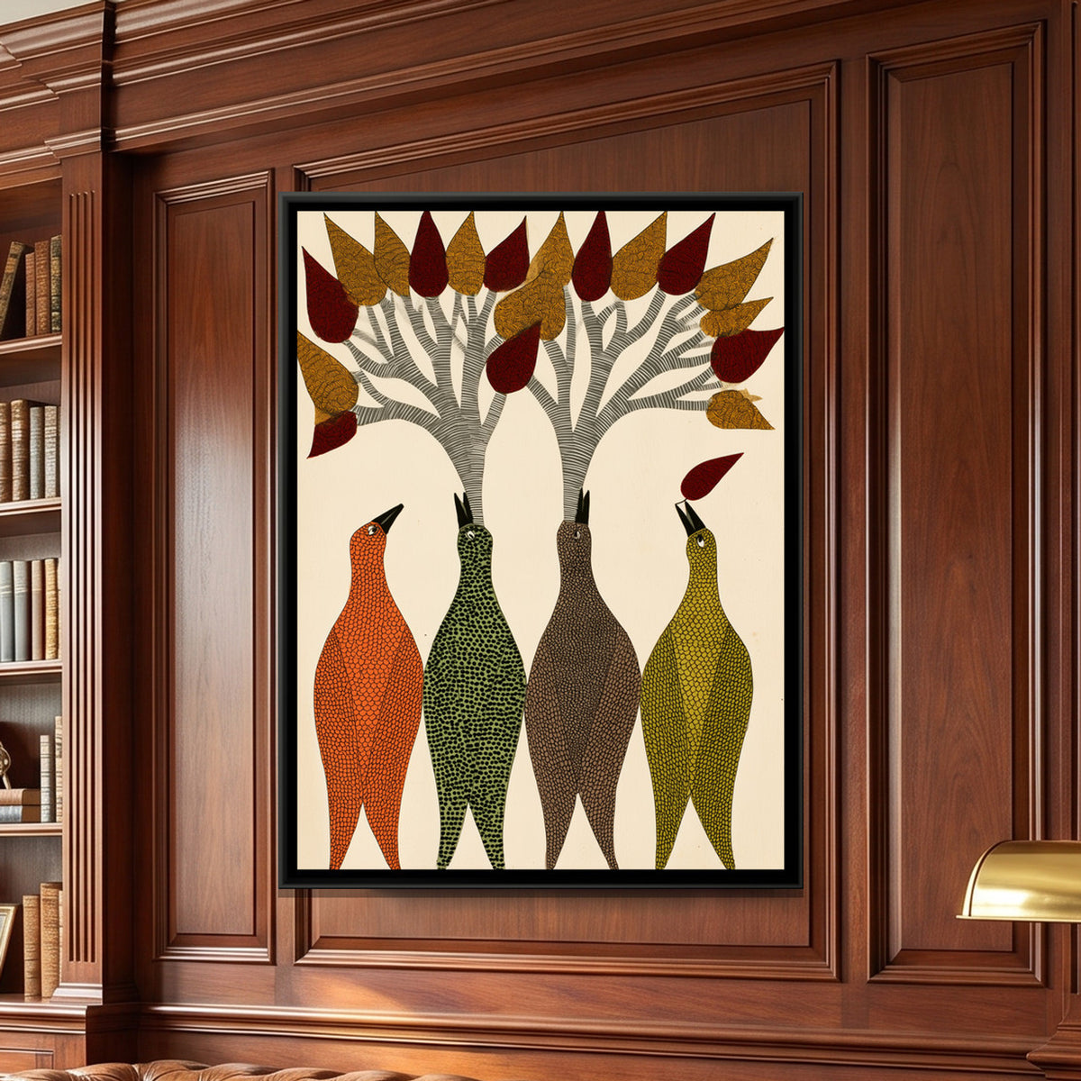 Gond Tree Birds — framed canvas art hung on a wall