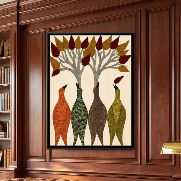 Gond Tree Birds — framed canvas art hung on a wall