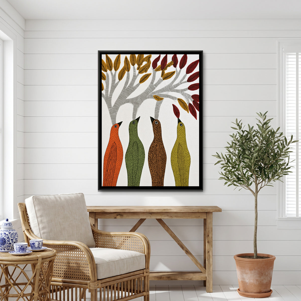 Gond Tree Birds — canvas art shown in a second room setting
