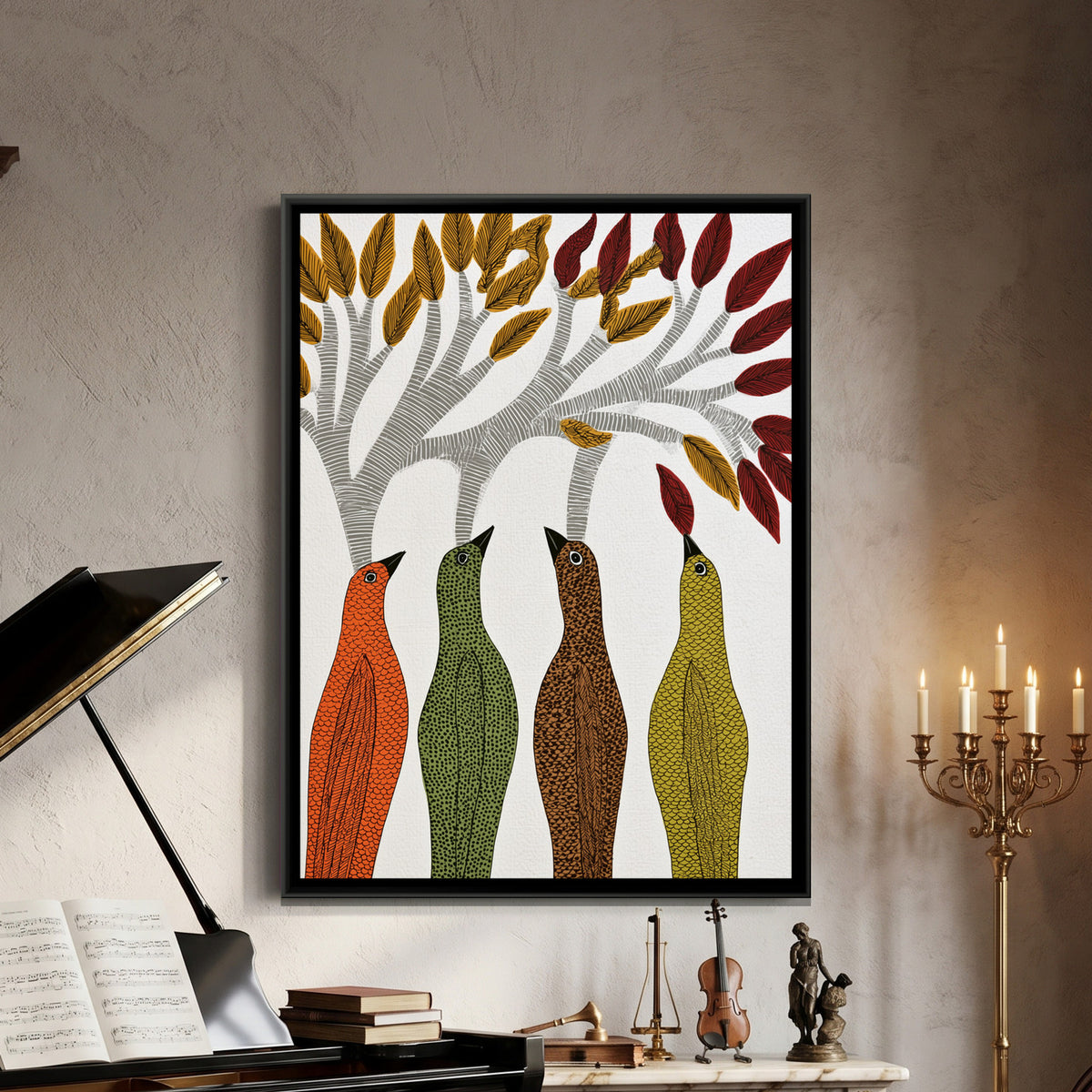 Gond Tree Birds — framed canvas art hung on a wall