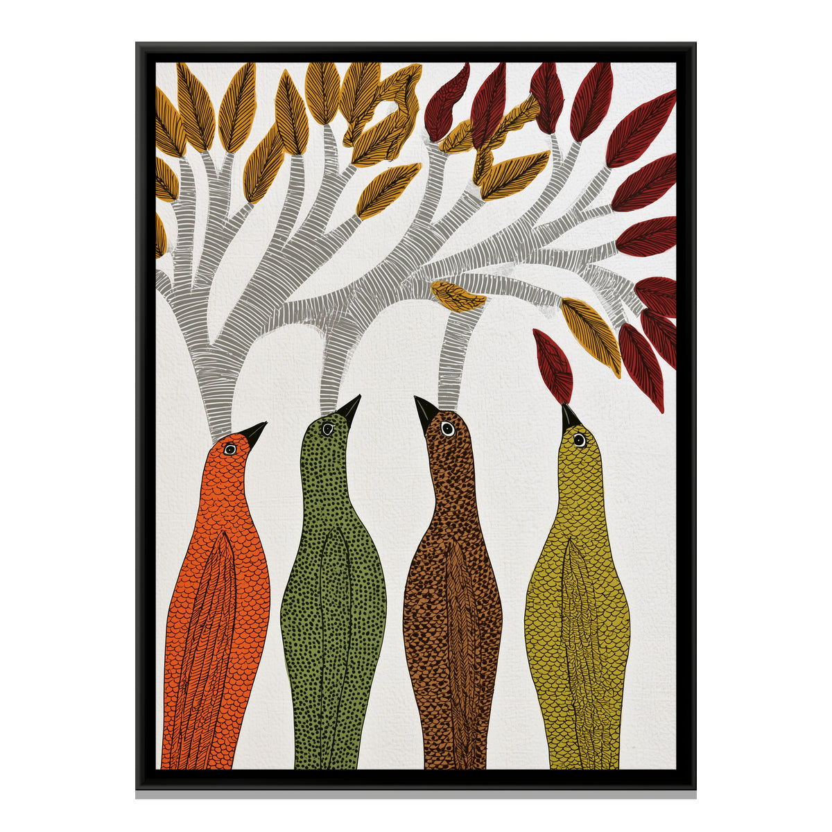 Gond Tree Birds — framed canvas print, front view