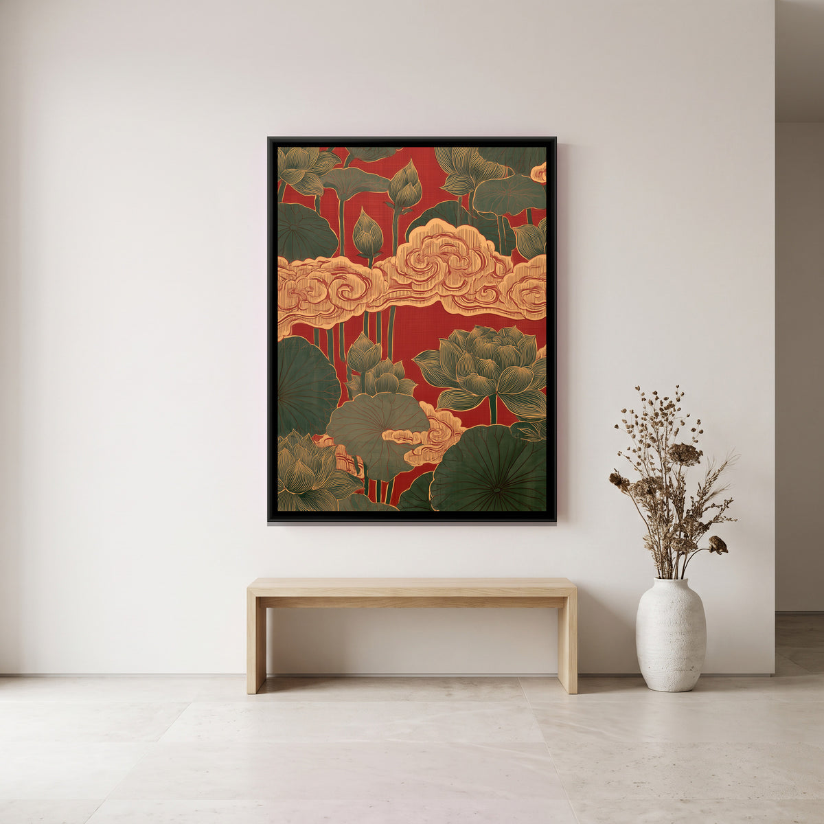 Chinoiserie Lotus and Clouds — canvas art shown in a second room setting