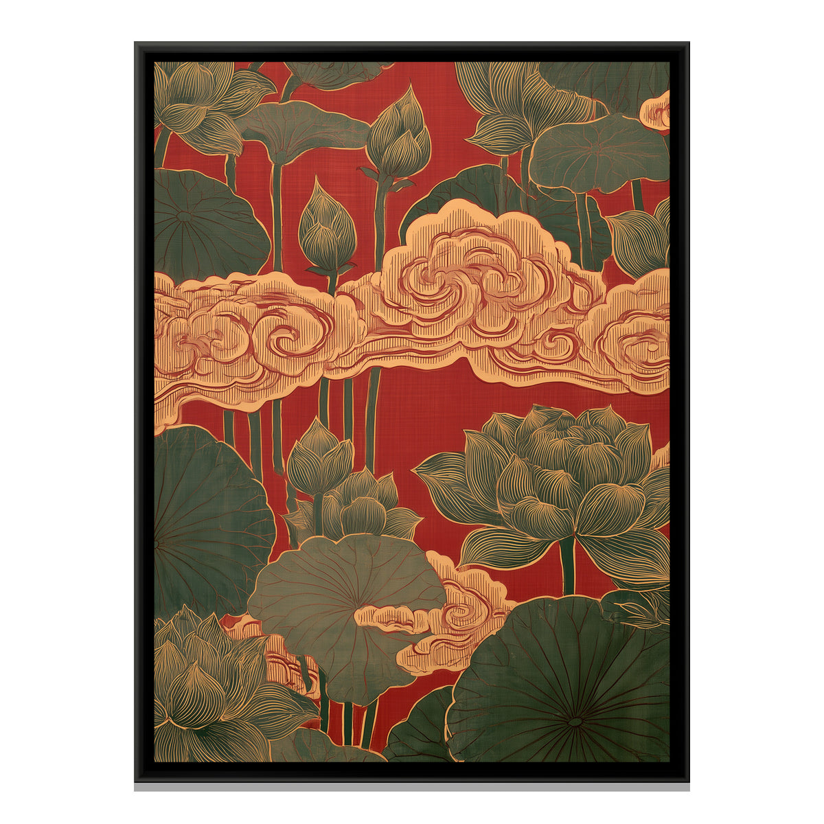 Chinoiserie Lotus and Clouds — framed canvas print, front view