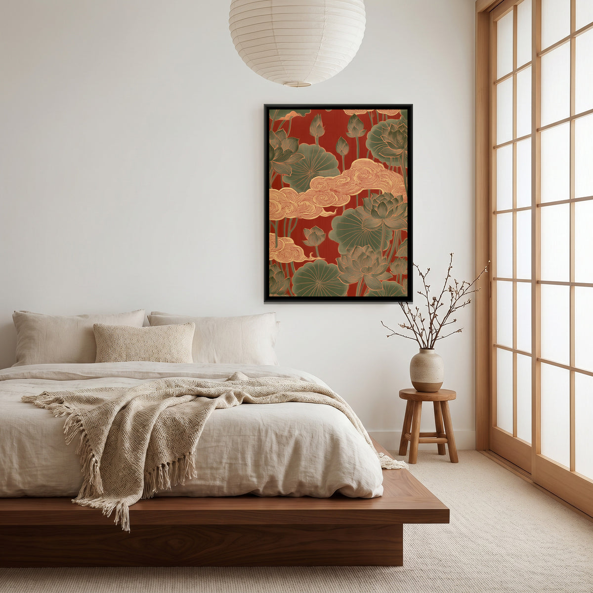 Chinoiserie Lotus and Clouds — canvas art shown in a styled room