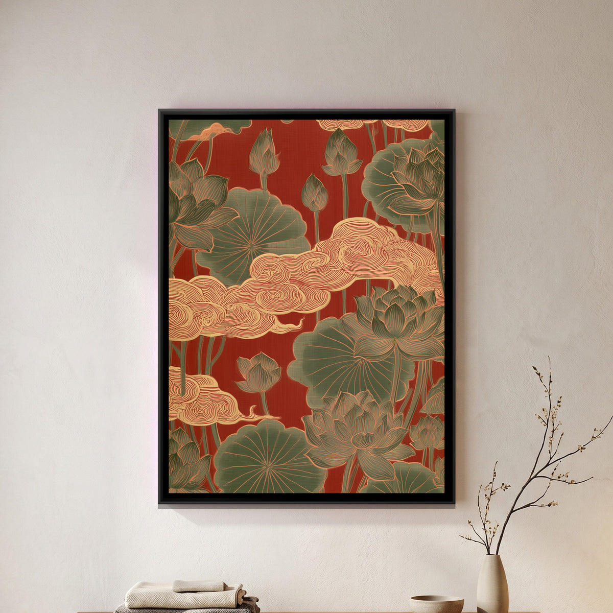Chinoiserie Lotus and Clouds — framed canvas art hung on a wall