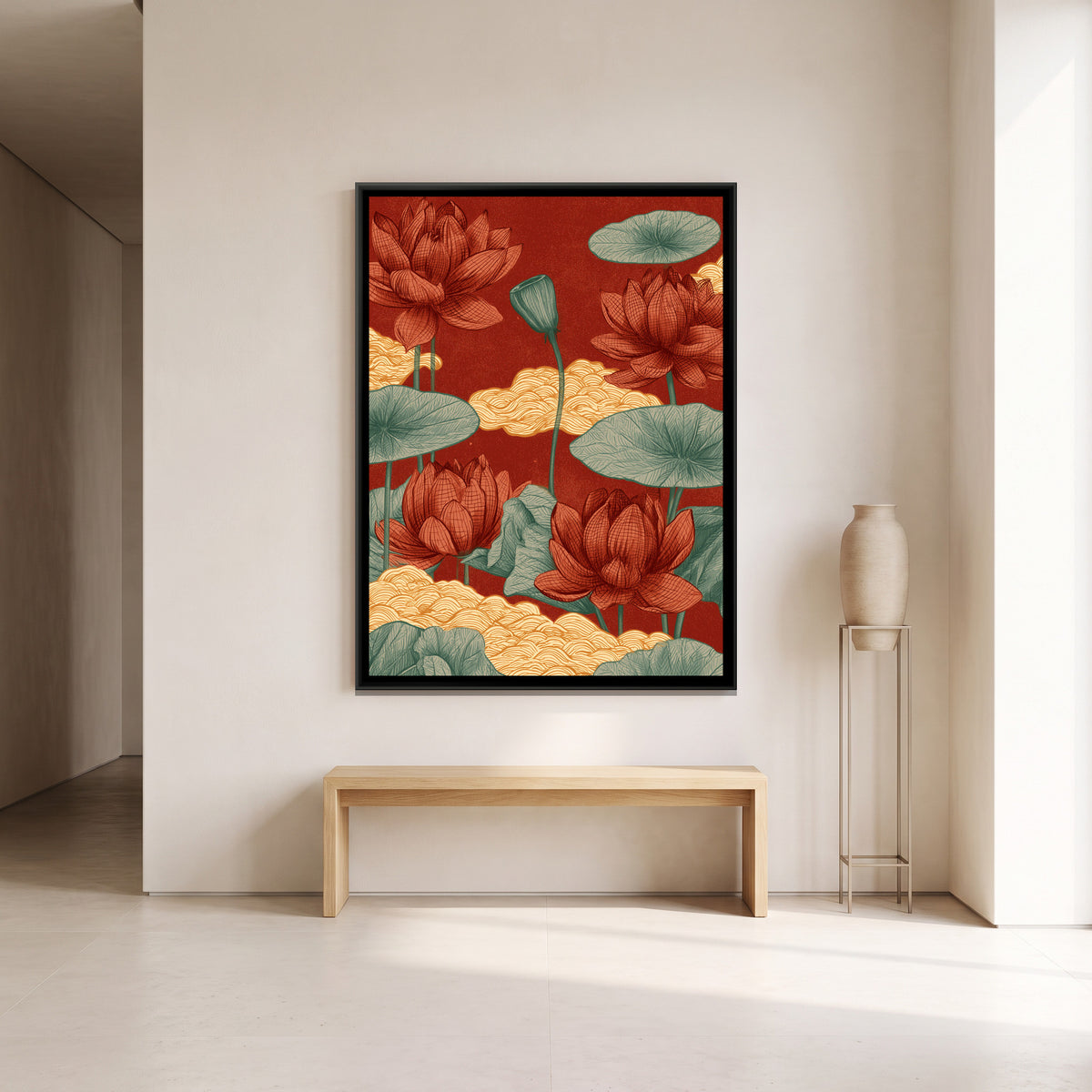 Chinoiserie Lotus and Clouds — canvas art shown in a second room setting