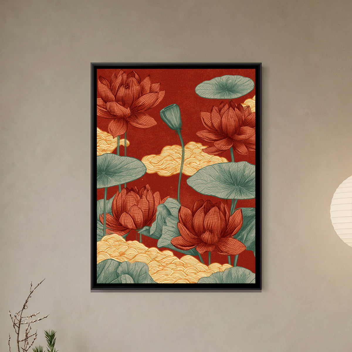 Chinoiserie Lotus and Clouds — framed canvas art hung on a wall