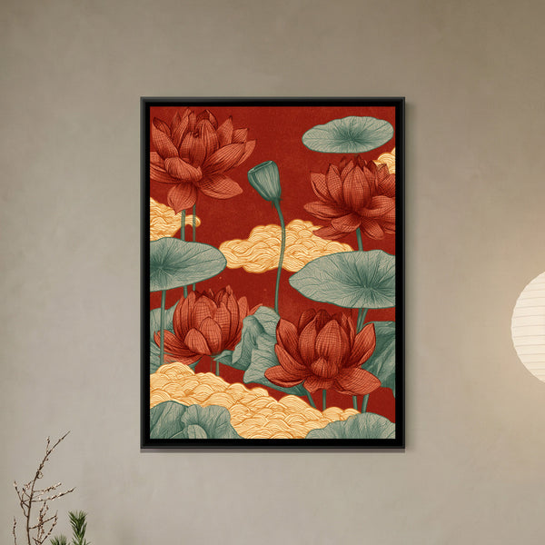 Chinoiserie Lotus and Clouds — framed canvas art hung on a wall