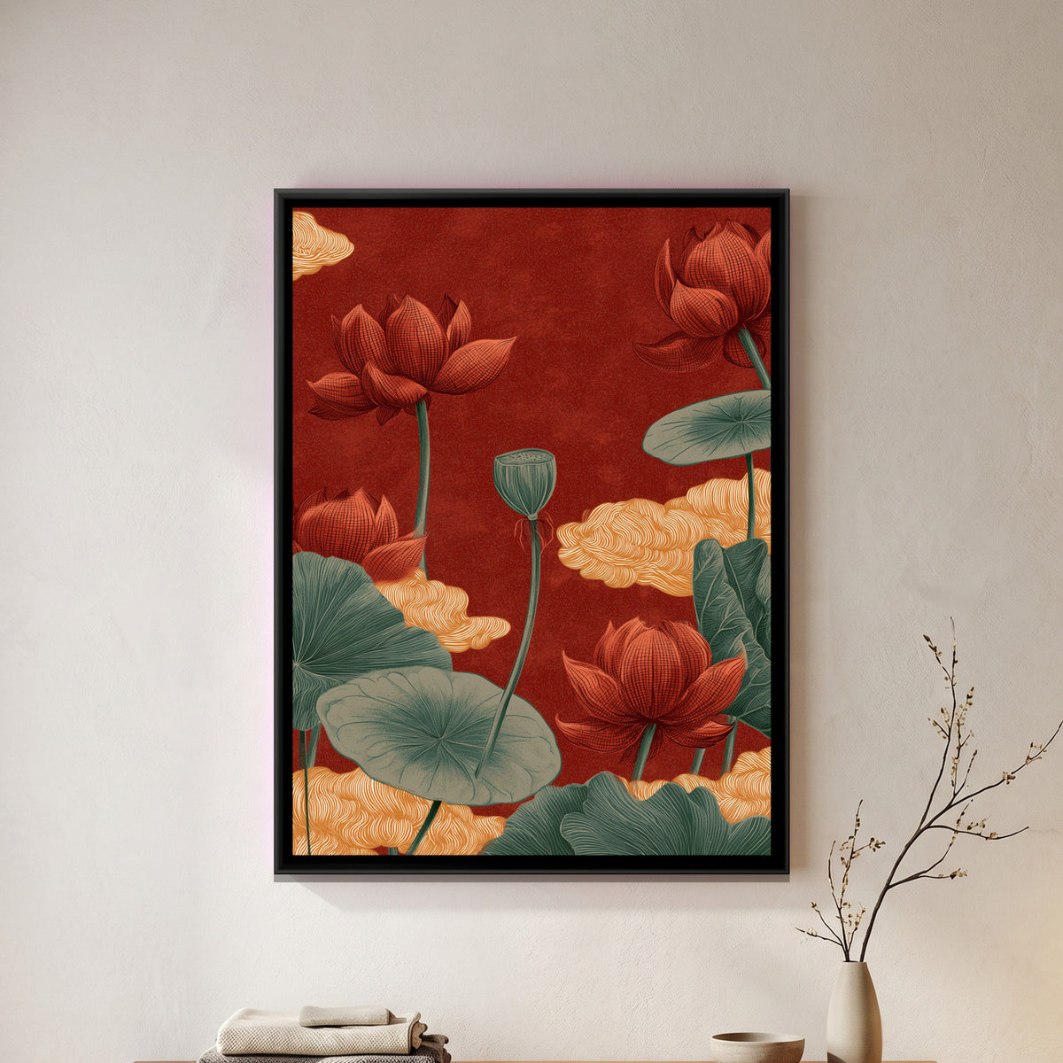Chinoiserie Lotus and Clouds — framed canvas art hung on a wall