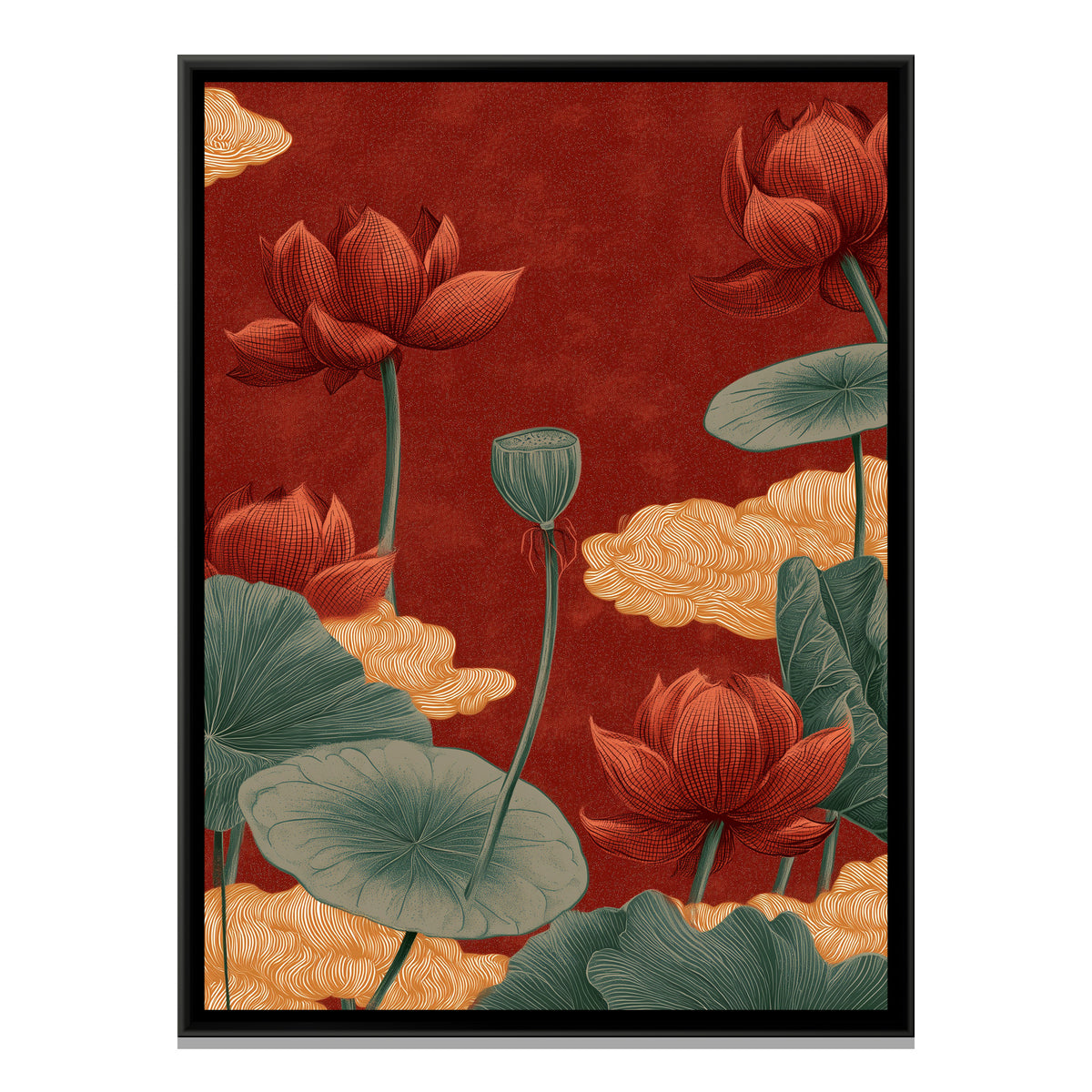 Chinoiserie Lotus and Clouds — framed canvas print, front view