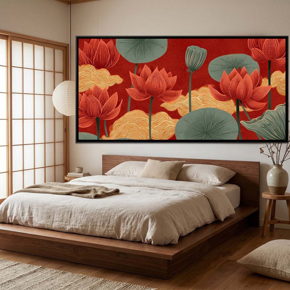 Chinoiserie Lotus and Clouds — canvas art shown in a styled room