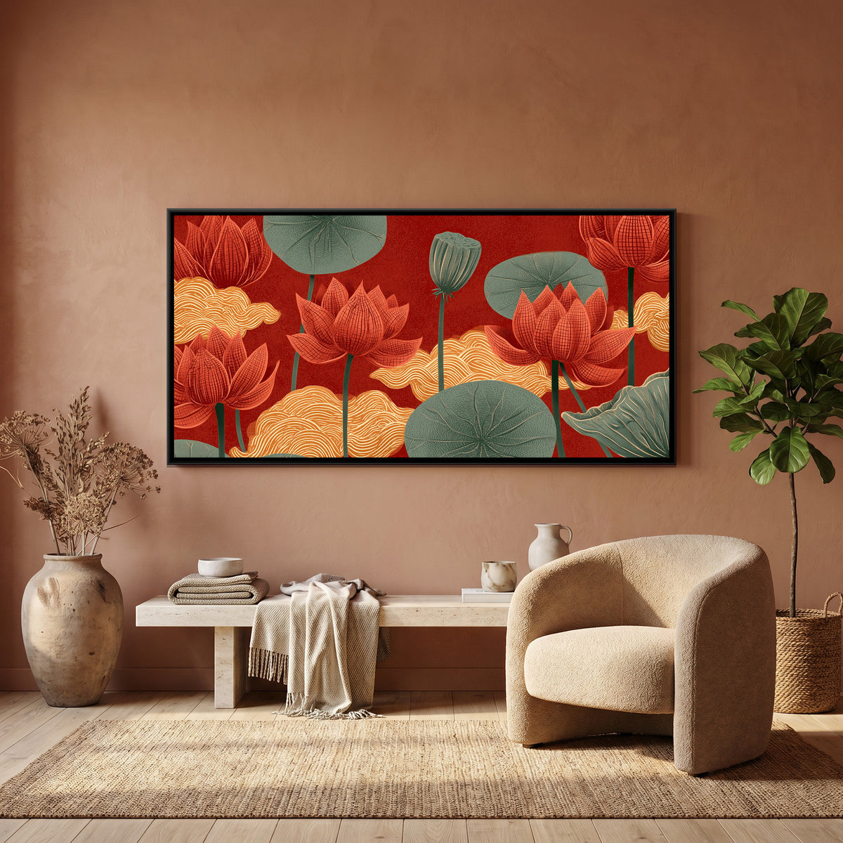 Chinoiserie Lotus and Clouds — canvas art shown in a second room setting