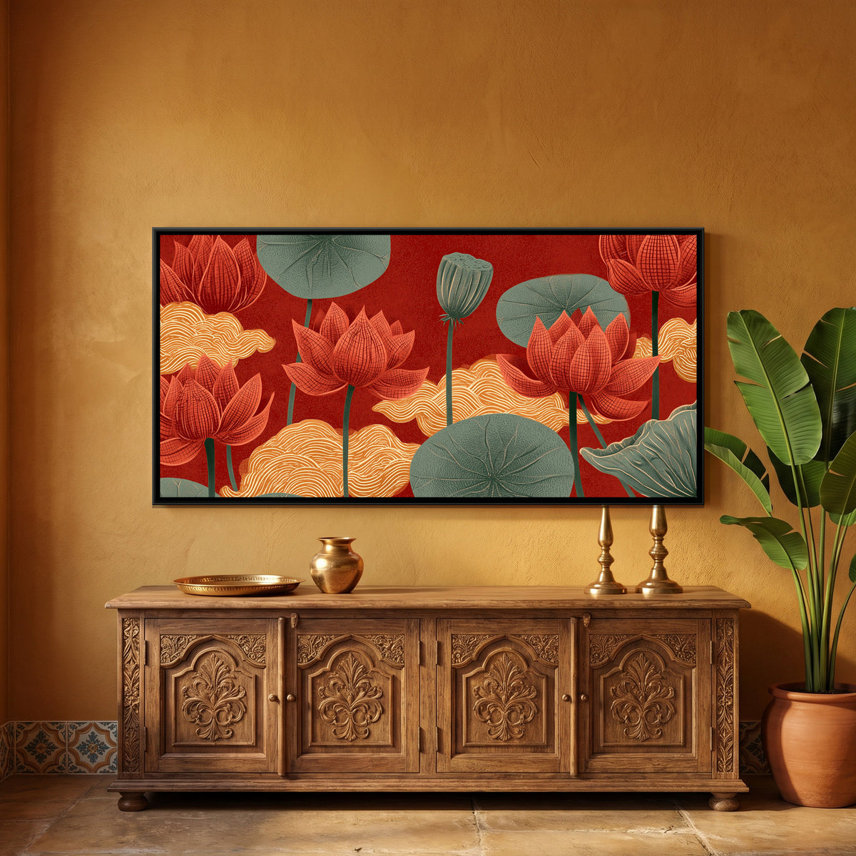 Chinoiserie Lotus and Clouds — framed canvas art hung on a wall