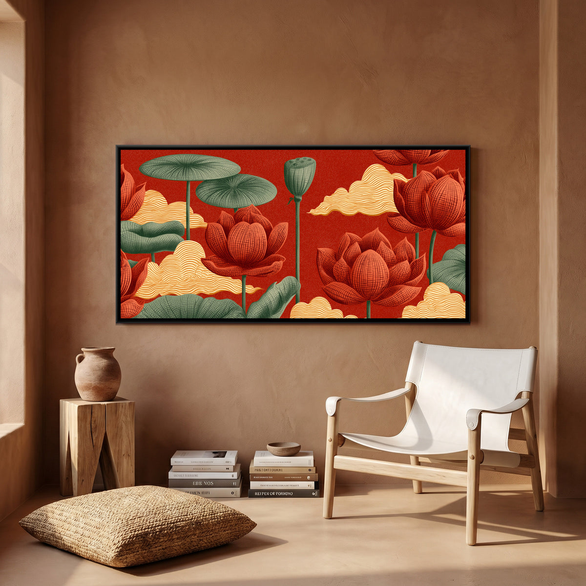 Chinoiserie Lotus and Clouds — canvas art shown in a second room setting