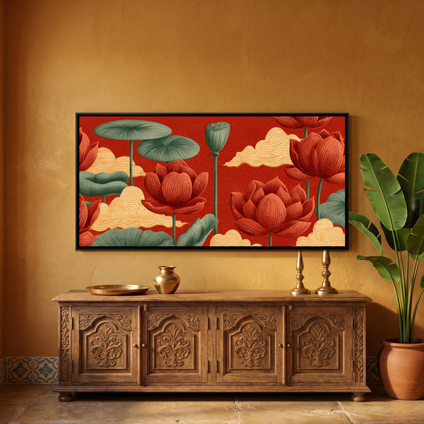 Chinoiserie Lotus and Clouds — framed canvas art hung on a wall