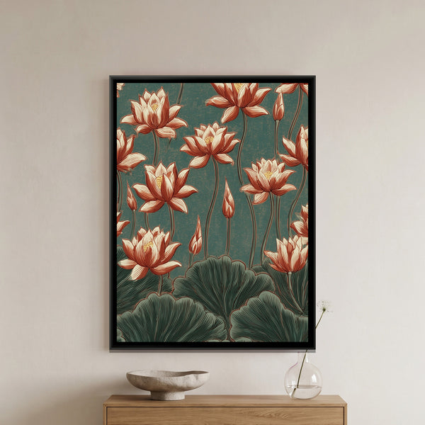 Chinoiserie Lotus — framed canvas art hung on a wall