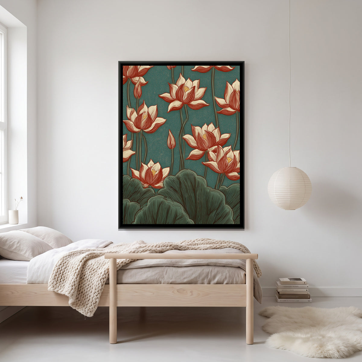 Chinoiserie Lotus — canvas art shown in a second room setting