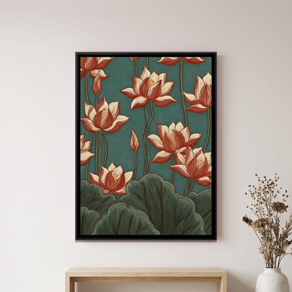 Chinoiserie Lotus — framed canvas art hung on a wall