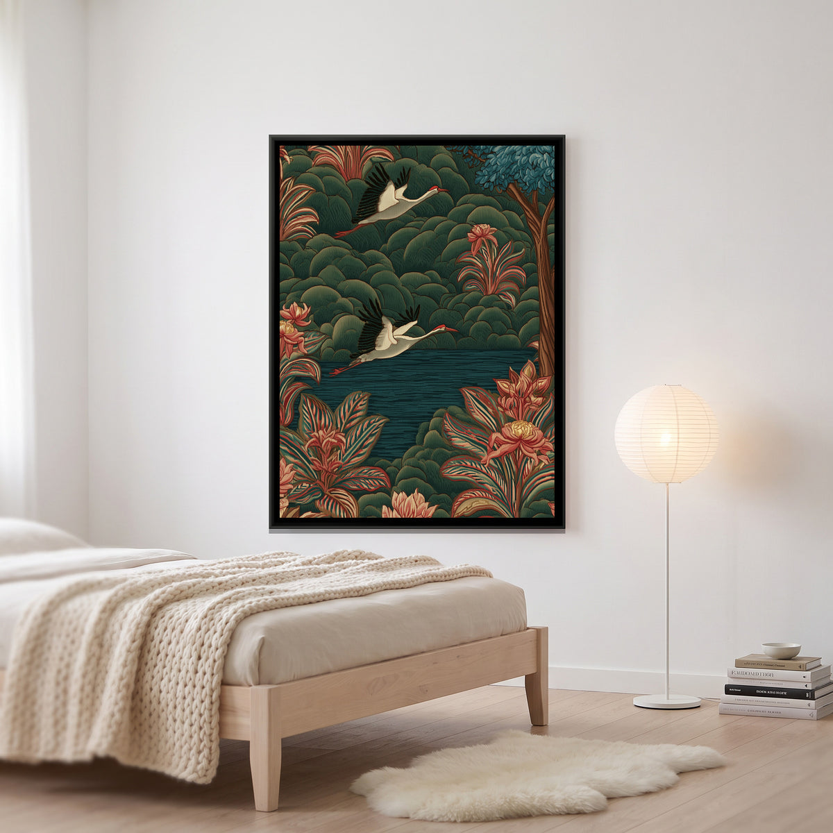 Chinoiserie Cranes — canvas art shown in a styled room
