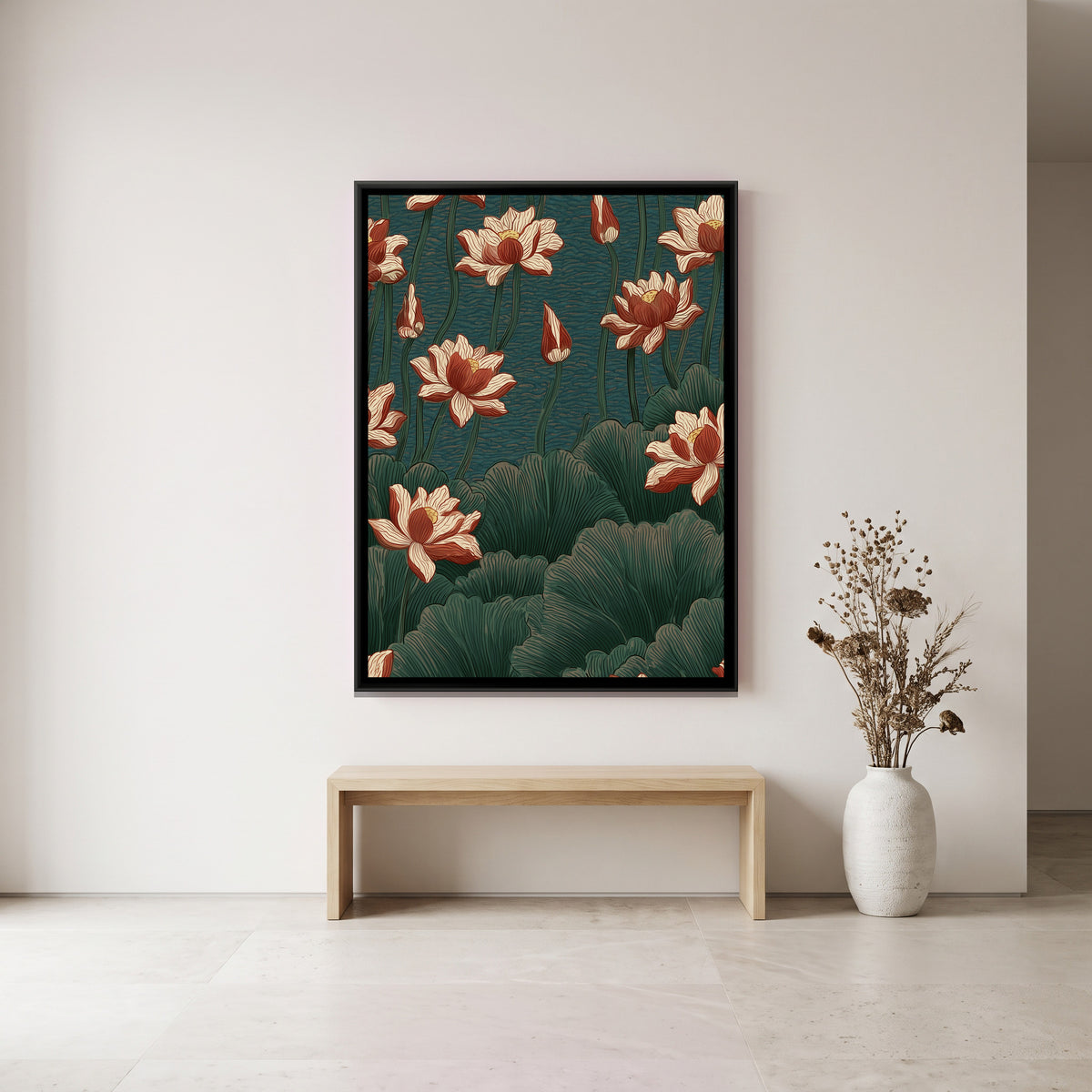 Chinoiserie Lotus — canvas art shown in a styled room