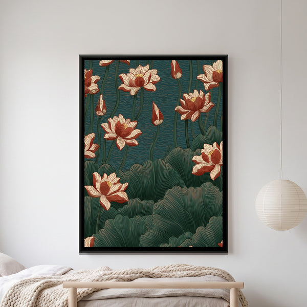 Chinoiserie Lotus — framed canvas art hung on a wall
