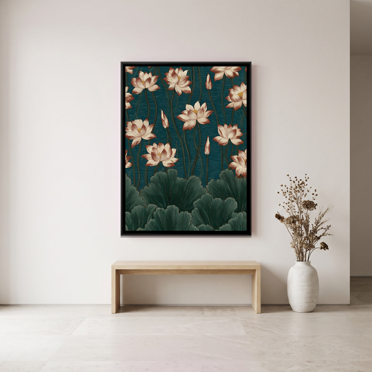 Chinoiserie Lotus — canvas art shown in a styled room