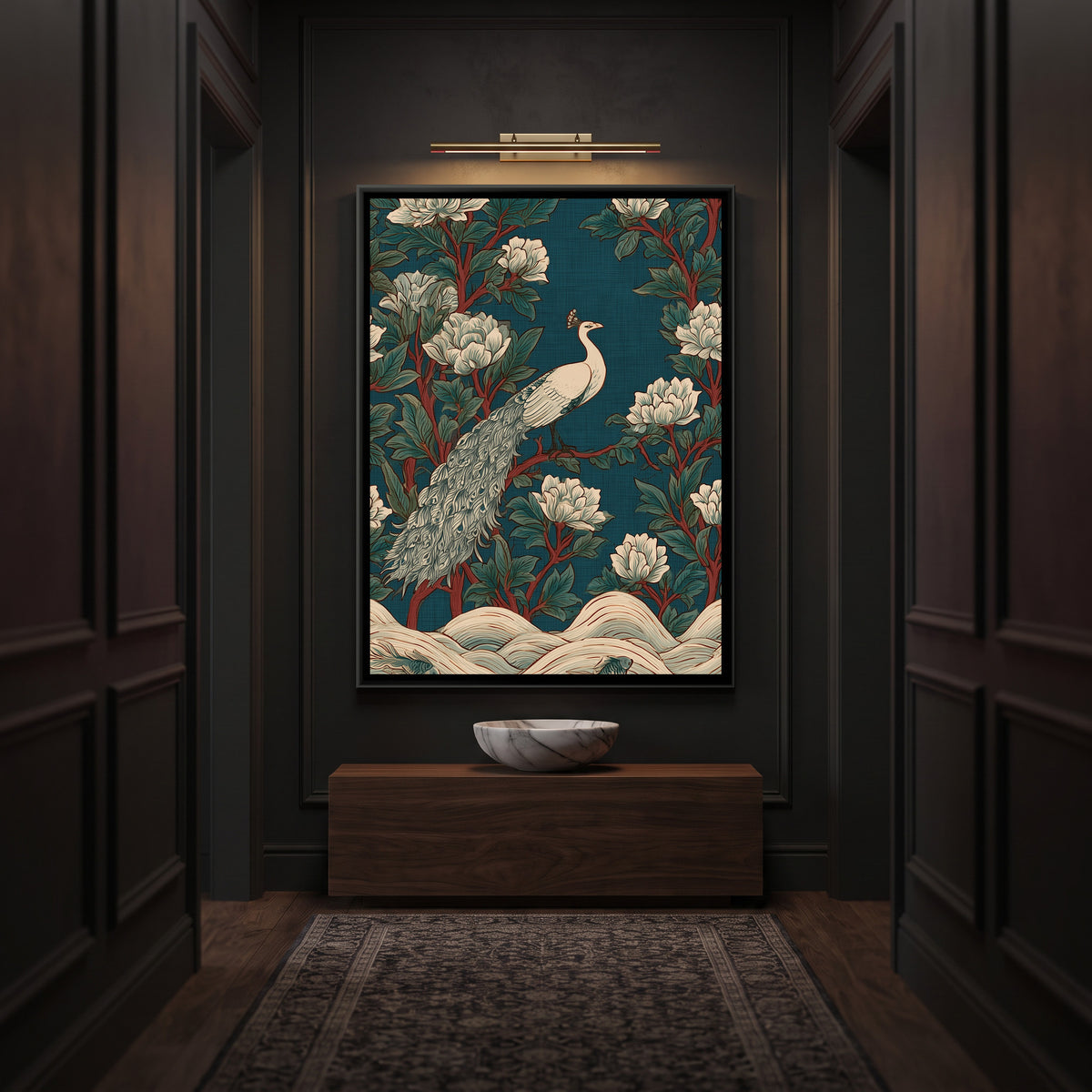 White Peacock — canvas art shown in a styled room