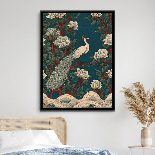 White Peacock — framed canvas art hung on a wall