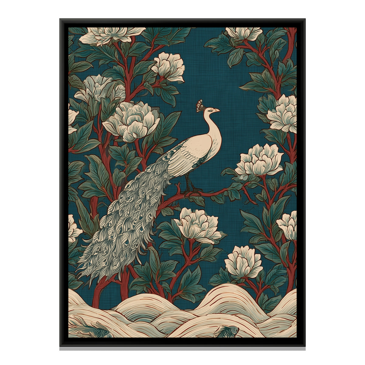 White Peacock — framed canvas print, front view