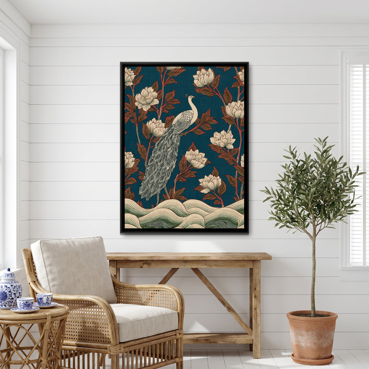 White Peacock — canvas art shown in a styled room