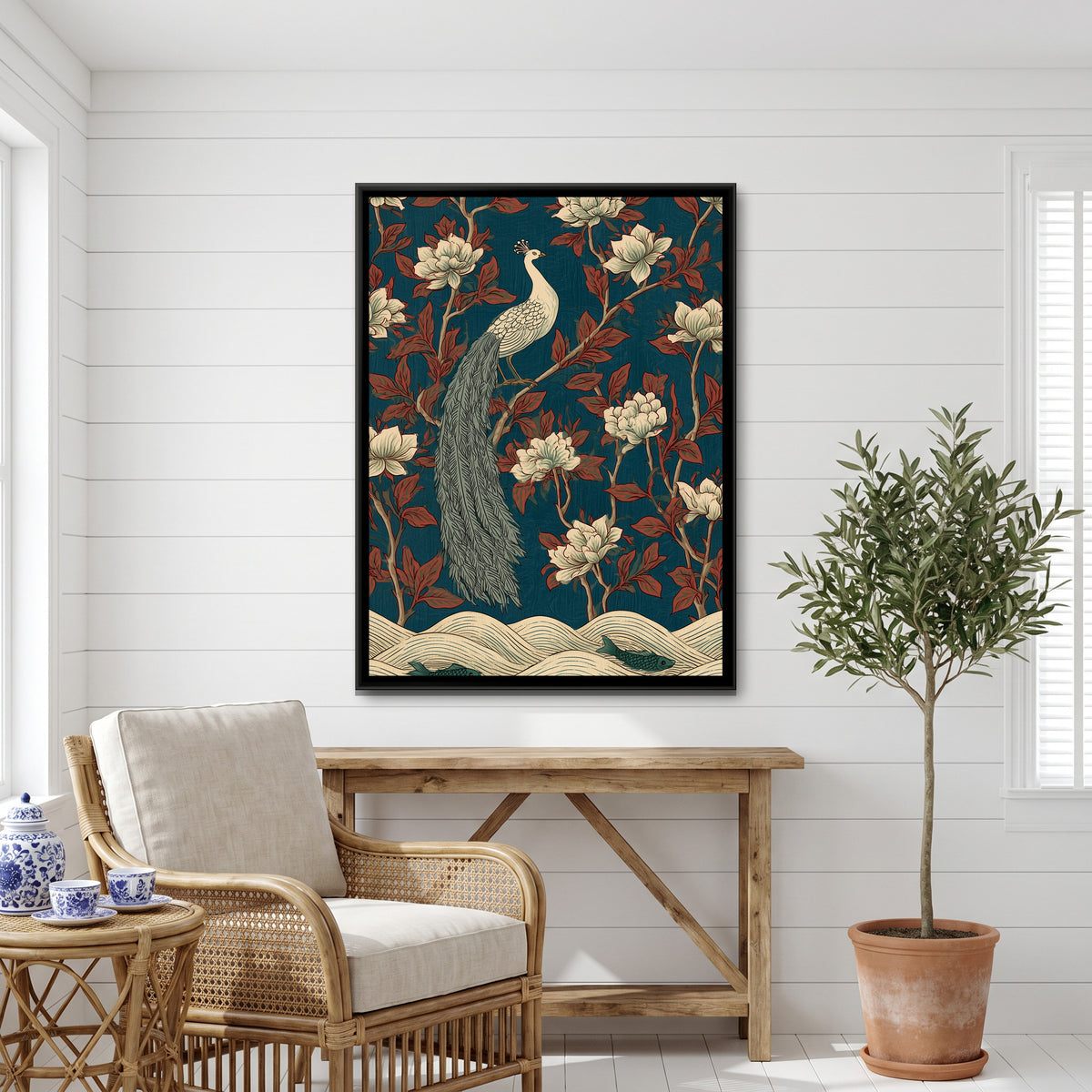 White Peacock — canvas art shown in a styled room
