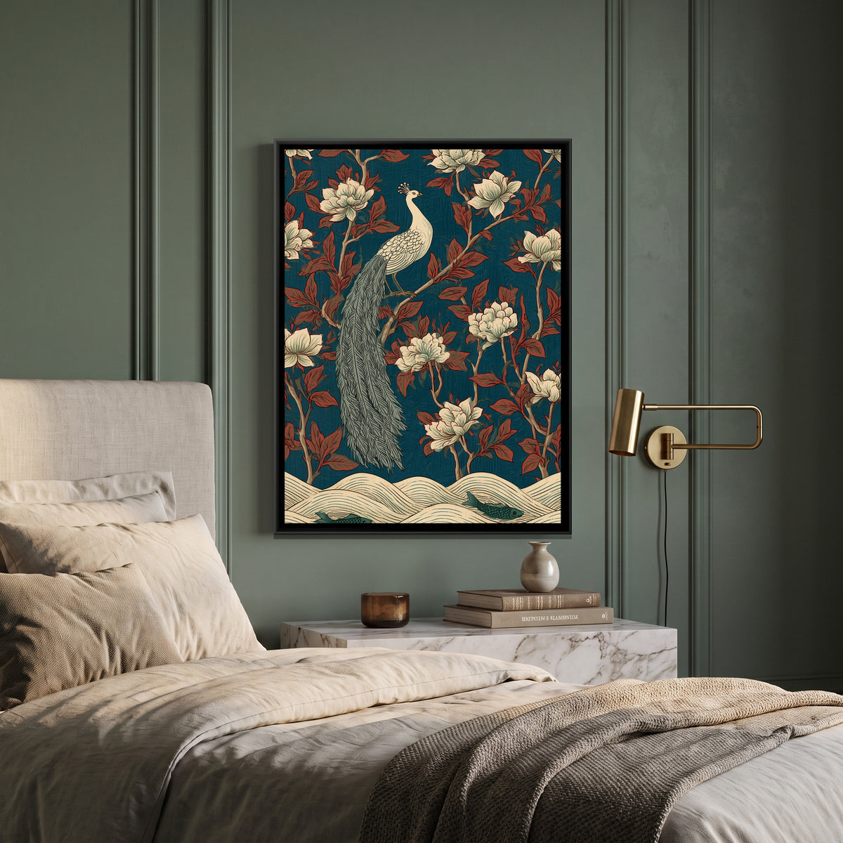 White Peacock — canvas art shown in a second room setting