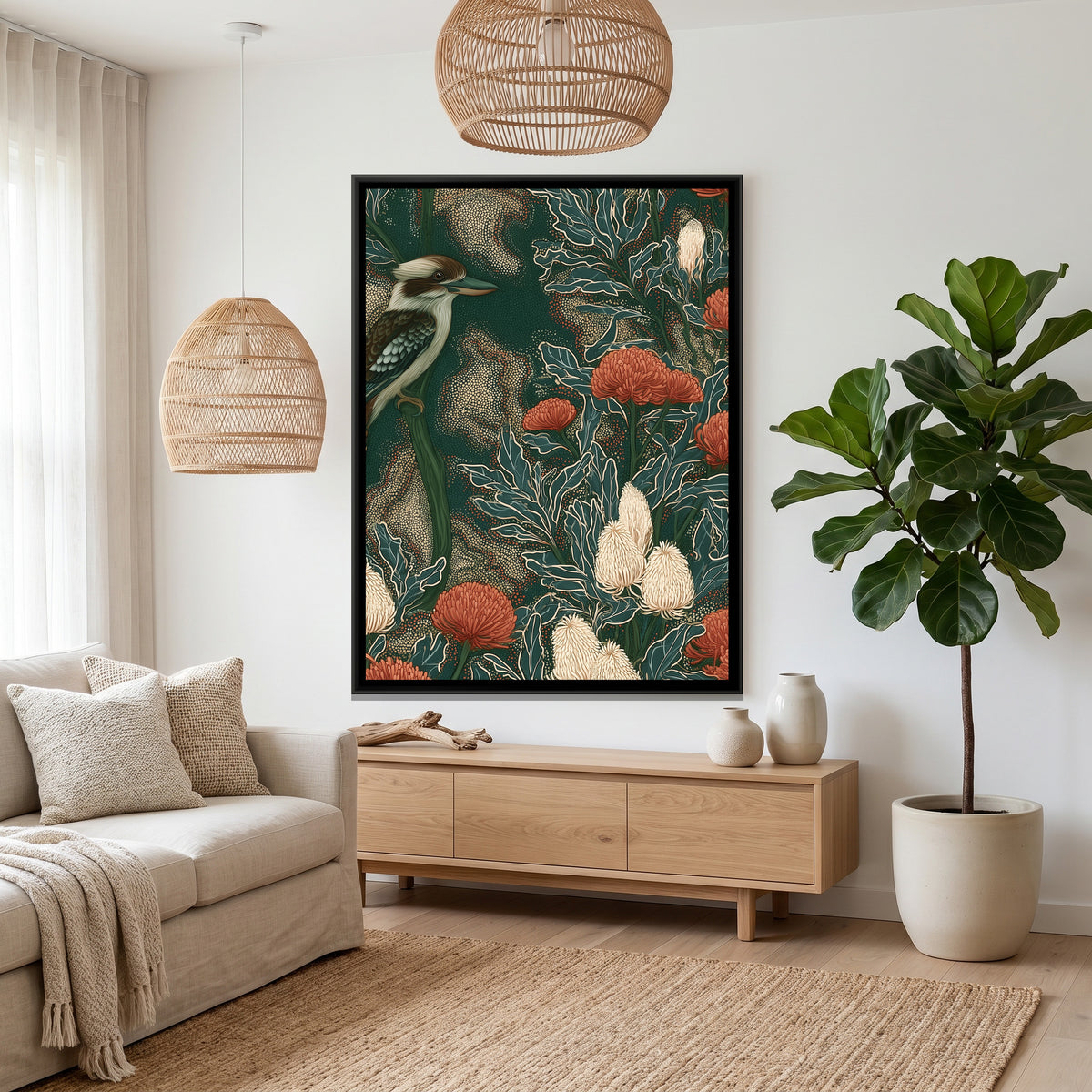 Kookaburra — canvas art shown in a styled room