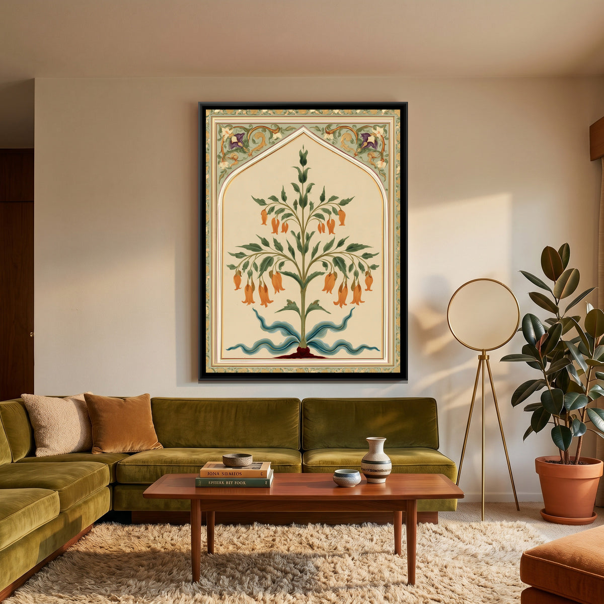 Mughal Flowering Plant — canvas art shown in a second room setting