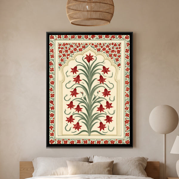 Mughal Red Lily — framed canvas art hung on a wall