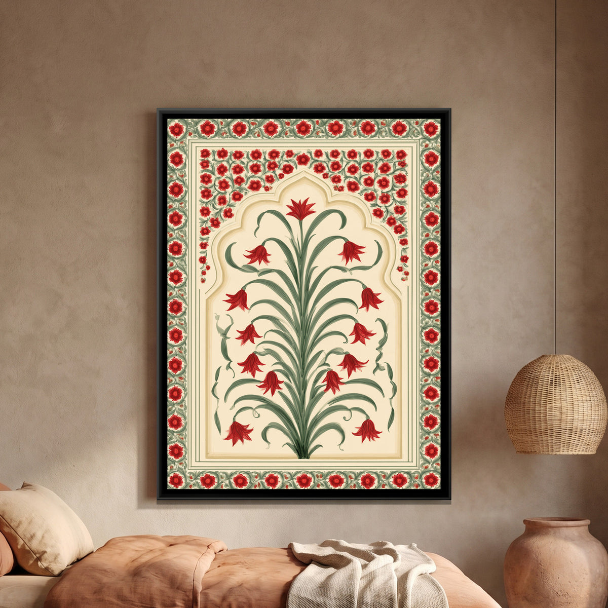 Mughal Red Lily — framed canvas art hung on a wall