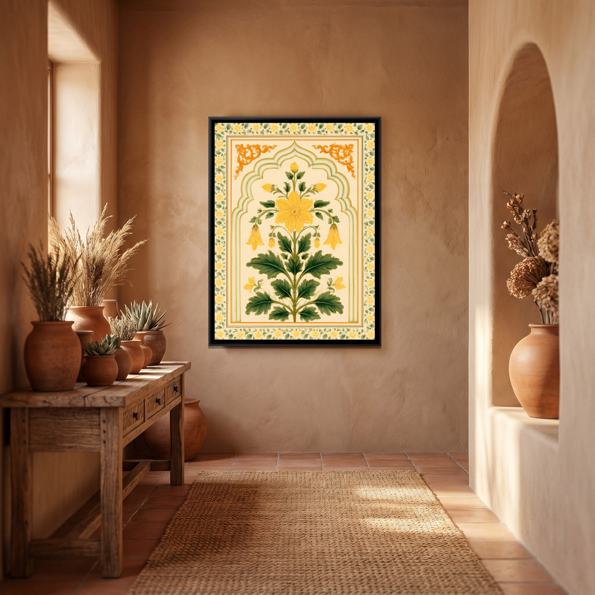 Mughal Yellow Flower — canvas art shown in a styled room